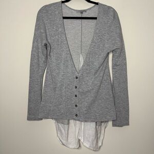 PEOPLE LIKE FRANK Gray Linen Lagenlook Mixed Media Button Front Longsleeve Top